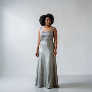 Mother of the Bride Metallic Green Evening Gown Oblique Formal Gala Dress Sz 14